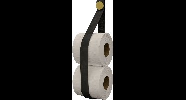 Leren toiletrol-voorraadhouder, met zuignap én schroef - Handles and more® | leer: VINTAGE BLACK / knop: Goud (reserverolhouder - toiletrolhouder - toiletrollen houder - toilet rol voorraad houder)