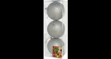 Gerimport Grote kerstballen - 3x st - zilver - glitter - 10 cm - kunststof - kerstversiering