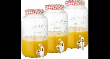 Set van 3x stuks glazen drankdispensers/limonadetap met rood/wit geblokte dop 3,5 liter - Tapkraantje