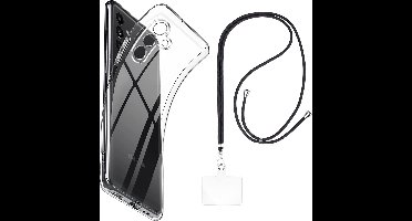 Set met hoesje en nekband voor Samsung Galaxy a14 - Flexibele, transparante TPU-bescherming, verstelbare universele nekband voor mobiele telefoons, zwarte nekband, transparante draagriem van Phonillico®