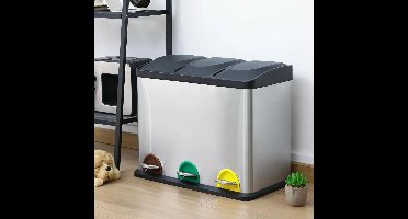 Prullenbak - Afvalbak - Trash Bin - Waste Bin - Prullenbakken 3-Vaks 45L – RVS Afvalscheiding voor Keuken – 3x15L – Soft-Close Deksel & Uitneembare Binnenemmers