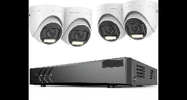 Beveiligingscamerasysteem - 5MP Camera - 8-Kanaals - Openlucht - Buiten - CCTV Camerasysteem - IP67 Waterdichte - Bewakingscamera - Beveiligingscamera - Dual Light PIR Detectie – H.265+ DVR Recorder zonder HDD - 4 stuk - Wit