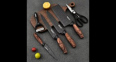 Kitchen Chef Knife Set - Messenset 6-Delig – Inclusief Hakmes, Koksmes & Vleesmes – Met Schaar en Dunschiller – RVS Keukenmessen – Houtlook Handvat – Zwart