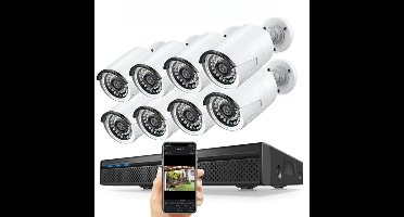 Beveiligingscamera - Beveiligingscamerasysteem - Camerabewaking - 8CH POE Camera Kit - 5MP NVR - Nachtzicht - Weerbestendig - AI Bewegingsdetectie - Binnen en Buiten - 8 Camera's - Ingebouwde HDD - Geen