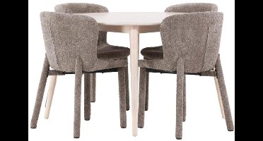 Flora eethoek tafel Ø120cm en 4 stoelen whitewash, bruin.