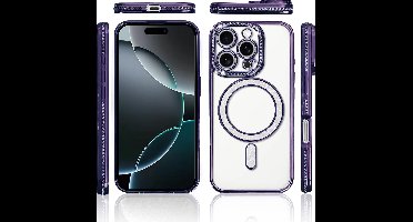 Hoesje Geschikt voor iPhone 16 Pro Max Magsafe hoes Lens beschermer Paars – Luxe bling sprankelende diamant backcover