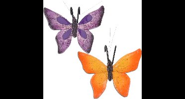 Tuindecoratie bloempothanger vlinder - set 2x - paars/oranje - kunststeen - 13 x 10 cm