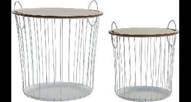 ITEM Bijzettafels - set van 2x - rond - wit - met handvatten - metaal en MDF - 43x46 cm