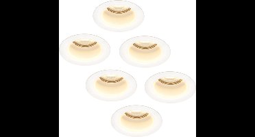 Set van 6 Mari - LED platte inbouwspots met lage inbouwdiepte - 6 Watt 570 Lumen - 2700K Warm wit - GU10 LED Module - Verzonken - Dimbaar - Rond - IP65 waterdicht - Wit
