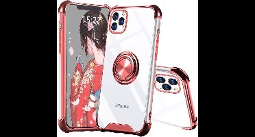 Hoesje Geschikt voor iPhone 11 Pro silicone - shock proof met Ringhouder – Transparant / Rosegoud
