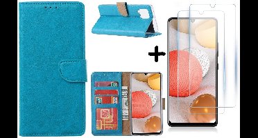 Hoesje Geschikt Voor Samsung Galaxy A42 5G hoesje bookcase Turquiose - Galaxy A42 wallet case portemonnee - A42 book case hoes cover - 2X screenprotector / tempered glass