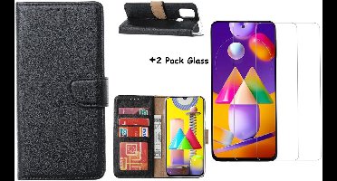 Hoesje Geschikt Voor Samsung Galaxy M31S Boek Hoesje / Wallet cover - Zwart Met 2X glas Screenprotector