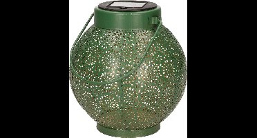 Solar lantaarn ijzer groen met cirkel patroon en hengsel 16 cm - Tuinlantaarns - Solarverlichting - Tuinverlichting