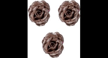 4x Oud roze roos met glitters op clip 7 cm - kerstversiering