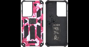 Hoesje Geschikt Voor Samsung Galaxy S21 Plus Hoesje - Rugged Extreme Backcover Camouflage met Kickstand - Pink