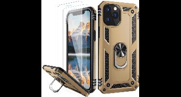Hoesje Geschikt voor iPhone 12 Pro Max hoesje - Hardcase - Tough armor ring Goud + 2 stuks screenprotector