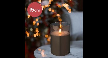 LED kaars cedar bruin met rook grijs glas en vlam effect - 10 x 15cm - voor binnen