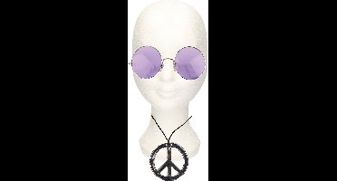 Smiffys Hippie Flower Power verkleed set - peace ketting - en ronde glazen party bril - paars - volwassenen