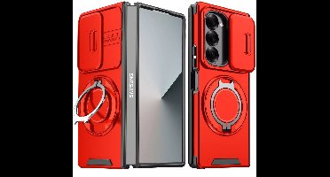 Hoesje Geschikt voor Samsung Galaxy Z Fold 6 hoesje Rood backcover met Met Draaibare Ring Houder en camera bescherming