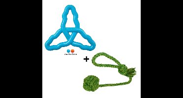 Hondenspeelgoed Set: Kong Flyangle Blauw & Werpflostouw met Touwbal | Assorti Kleuren