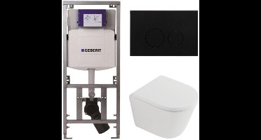 QeramiQ Dely Toiletset - 36.3x51.7cm - diepspoel - rimless - Geberit UP320 inbouwreservoir - softclose toilet zitting 35 mm - metaal mat zwarte bedieningsplaat - ronde knoppen - mat wit