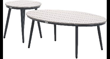 Garden Impressions Lucas bijzettafels donker grijs - teak look - Ø50x48 cm & 120x75x45 cm