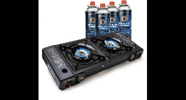 Eurocatch 2 pits Kooktoestel op Gas - incl 4 Butaan Gasbussen - Gas Stove - Camping Kooktoestel - Gaspit - Gasfornuis - Gasstel - Cooker