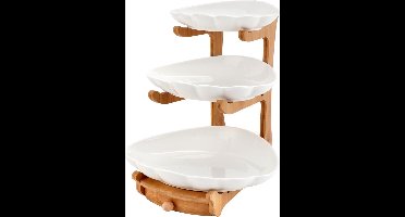 Fruit etagère keramiek, 3 verdiepingen, met porselein, dessert, fruitmand, etagère, 3 niveaus, met bamboe standaard, voor snacks, groenten en fruit bewaren