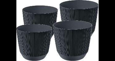 Prosperplast plantenpotten/bloempotten Carf Stripe - antraciet - 4x stuks - kunststof - Dia 13 en 17 cm