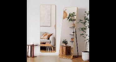 Passpiegel - Speigel - Passpiegel Staand - 162x53cm - Goud Aluminium Frame – Afgeronde Hoeken – Vrijstaand of Wandmontage