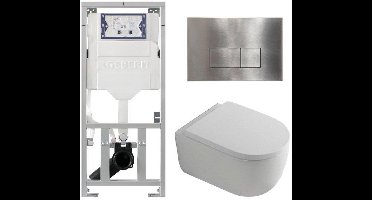 QeramiQ Dely Swirl Toiletset - 36.3x51.7cm - Geberit UP320 inbouwreservoir - met Burda frame - 35mm zitting - steel bedieningsplaat - rechthoekige knoppen - wit glans