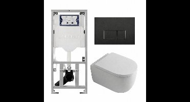 QeramiQ Dely Swirl Toiletset - 36.3x51.7cm - Geberit UP320 inbouwreservoir - met Burda frame - 35mm zitting - mat zwarte bedieningsplaat - rechthoekige knoppen - wit glans