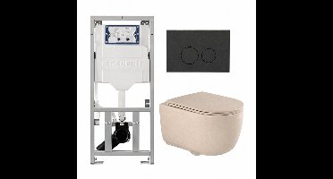 QeramiQ Dely Swirl Toiletset - 36.3x51.7cm - Geberit UP320 inbouwreservoir - met Burda frame - slim zitting - bedieningsplaat mat antraciet - ronde knoppen - beige