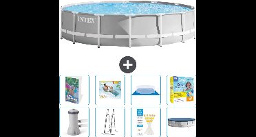 Intex Rond Prism Frame Zwembad - 427 x 107 cm - Grijs - Inclusief Pomp - Ladder - Grondzeil - Afdekzeil - Loungebed - Onderhoudspakket - 9-delig