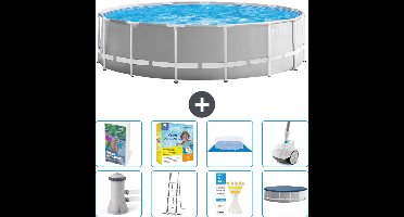 Intex Rond Prism Frame Zwembad - 457 x 122 cm - Grijs - Inclusief Pomp - Ladder - Grondzeil - Afdekzeil - Onderhoudspakket - Stofzuiger - 9-delig