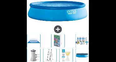 Intex Rond Opblaasbaar Easy Set Zwembad - 457 x 107 cm - Blauw - Inclusief Pomp - Ladder - Grondzeil - Afdekzeil Onderhoudspakket - 8-delig