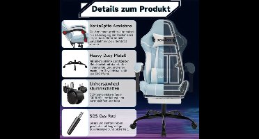 Gamingstoel – Gamestoel – Pc Stoel – Stud Stoel – Bureau Stoel – Inclusief Voetsteun – Ergonomisch Design – Verstelbare Zithoogte – Blauw Wit