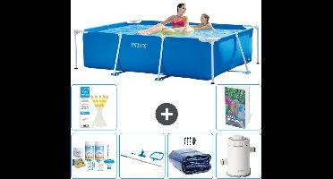 Intex Rechthoekig Frame Zwembad - 220 x 150 x 60 cm - Blauw - Inclusief Onderhoudspakket - Schoonmaakset - Solarzeil - Zwembadfilterpomp - 7-delig