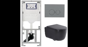 QeramiQ Dely Swirl Toiletset - 36.3x51.7cm - Geberit UP320 inbouwreservoir - met Burda frame - 35mm zitting - bedieningsplaat licht grijs - ronde knoppen - mat zwart