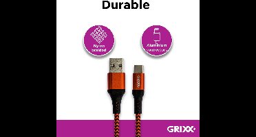 Grixx USB-C naar USB-A Kabel - Gevlochten - 1 meter -Rood/ Zwart