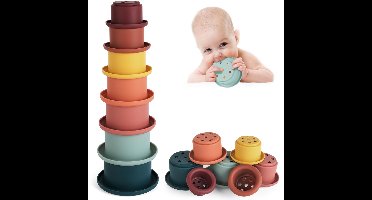 Boraboi® Veilig en Educatief Siliconen Stapelbekerspeelgoed voor Baby's van 6 Maanden en Ouder, Blauw-Groen, 7 Stuks