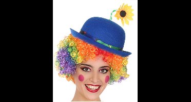 Smiffys Clown verkleed set - gekleurde pruik - bolhoedje in blauw - Carnaval clowns verkleedkleding en accessoires - volwassenen