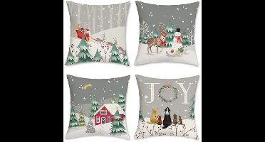 Selbro®, Set van 4 Kussenslopen Kerstmis winter grijs 45 x 45 cm gesneden groen sneeuwpop rendier polyester linnen decoratief Kussenhoezen voor feestdag decoratie