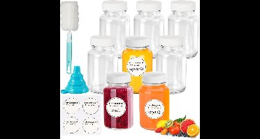 Glazen Shotflessen 100 ml - Set van 8, Inclusief Deksel, Labels, Trechters en Borstels - Draagbare Miniflessen voor Gember en Sap - Kleine Glazen Flessen Om te Vullen