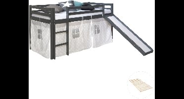 Homestyle4u Hoogslaper - 90x200 cm - met lattenbodem - met glijbaan - gordijn met sterrenmotief