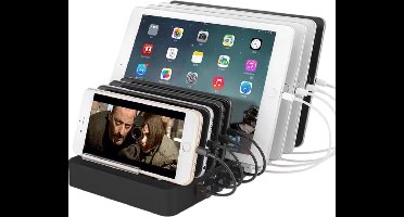 YUCONN Oplaadstation 8 poorten - Dockingstation voor telefoons - Familie Oplaadstation Smartphones/Tablets meerdere apparaten- USB Snellader - Charging Station USB-C en Lightning - Lader voor Thuis en Kantoor - Inclusief oplaadkabels - Zwart