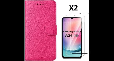 Hoesje Geschikt Voor Samsung Galaxy A24 hoesje bookcase portemonnee Met 2x screenprotector / Beschermglas - Pink