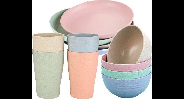 Bio-based Picknick Set S - 4 Tarwevezel Bekers, 4 Kommen, 4 Borden - Duurzaam en Vaatwasserbestendig!