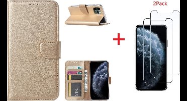 Hoesje Geschikt voor iPhone 11 Pro Max Portemonnee hoesje + 2X Screenprotector - Goud