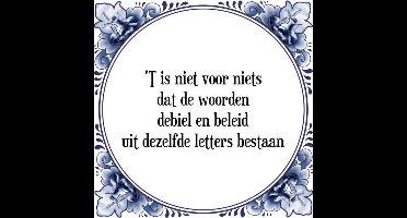 Tegeltje met Spreuk (Tegeltjeswijsheid): 'T is niet voor niets dat de woorden debiel en beleid uit dezelfde letters bestaan + Kado verpakking & Plakhanger